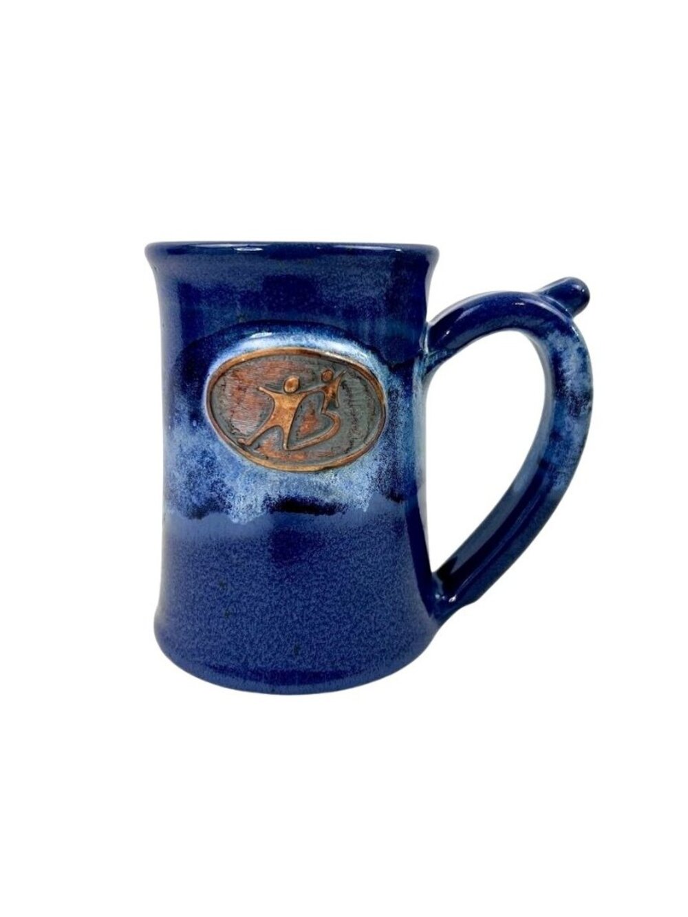 Glazed Pottery Mug Variegated Blue 3D Artistic Emblem Signed Handcrafted